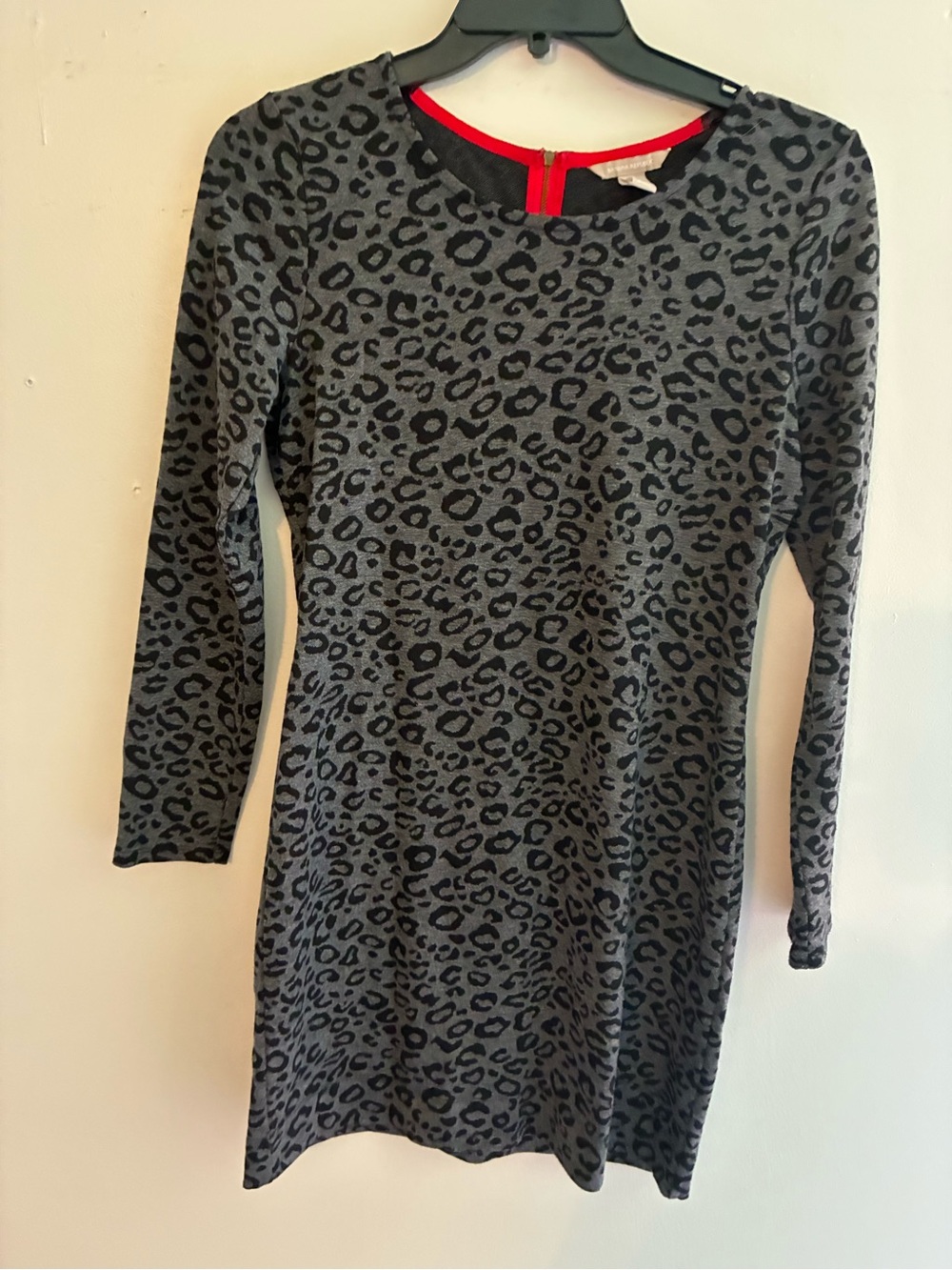 Banana Republic Gray and Black Leopard Print Long Sleeve Dress with Red Trim